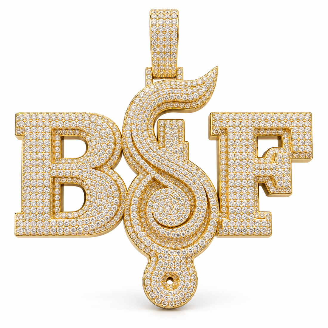 Custom BSF Scroll Letter Pendant – Iced Out Gold Tone Hip Hop Jewelry