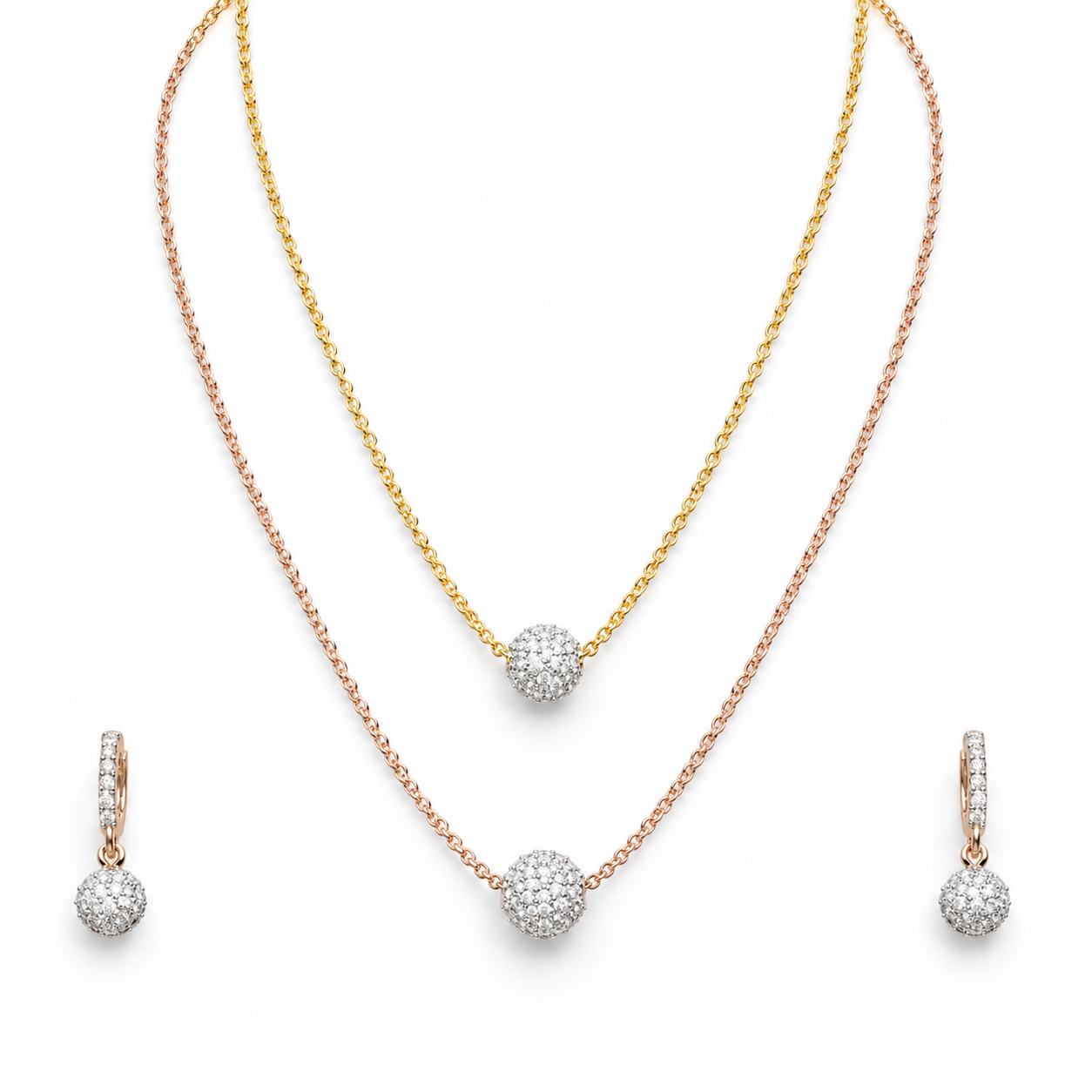 Two-Tone Layered Pavé Ball Necklace and Drop Earrings Set