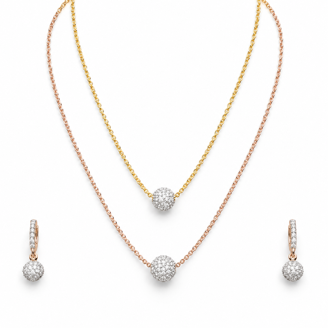 Two-Tone Layered Pavé Ball Necklace and Drop Earrings Set