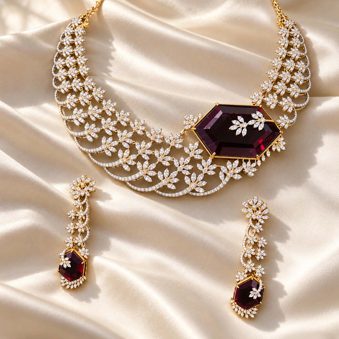Moissanite Floral Scalloped Bridal Necklace and Earrings Set with Burgundy Accents