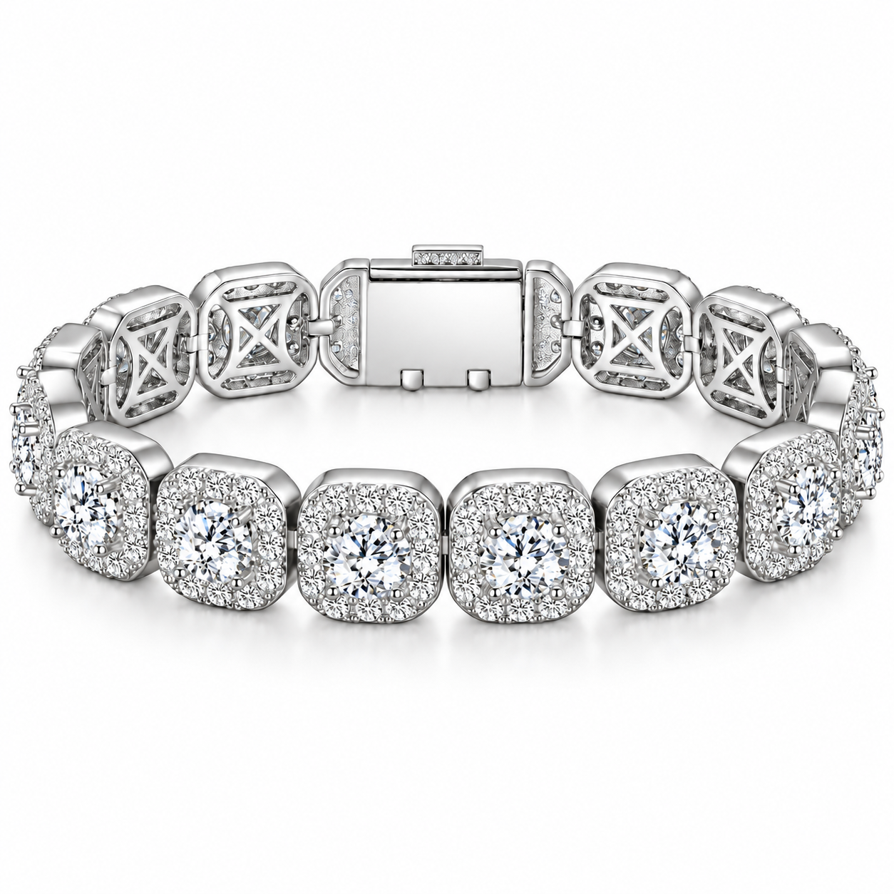 Iced Out Cushion Cut Halo Stone Bracelet | White Gold Hip Hop Jewelry