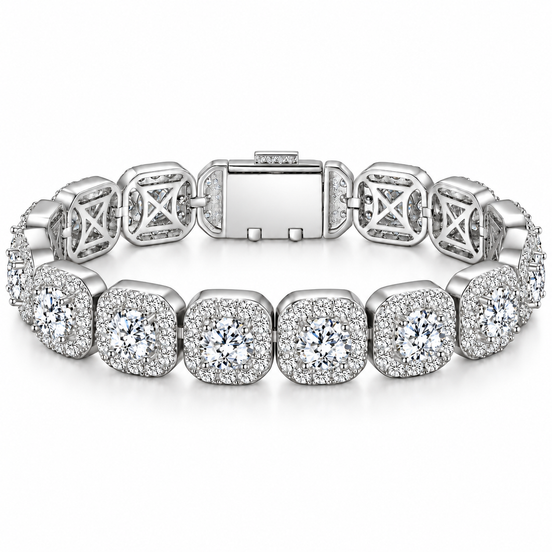 Iced Out Cushion Cut Halo Stone Bracelet | White Gold Hip Hop Jewelry