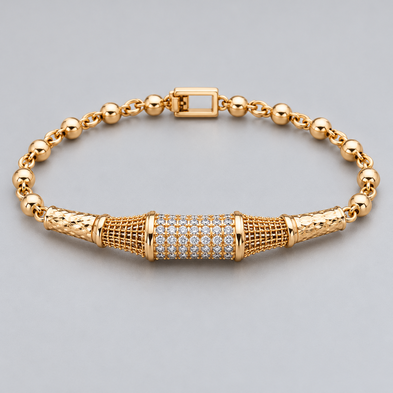 Gold-Tone Clear Stone Barrel Centerpiece Beaded Link Bracelet