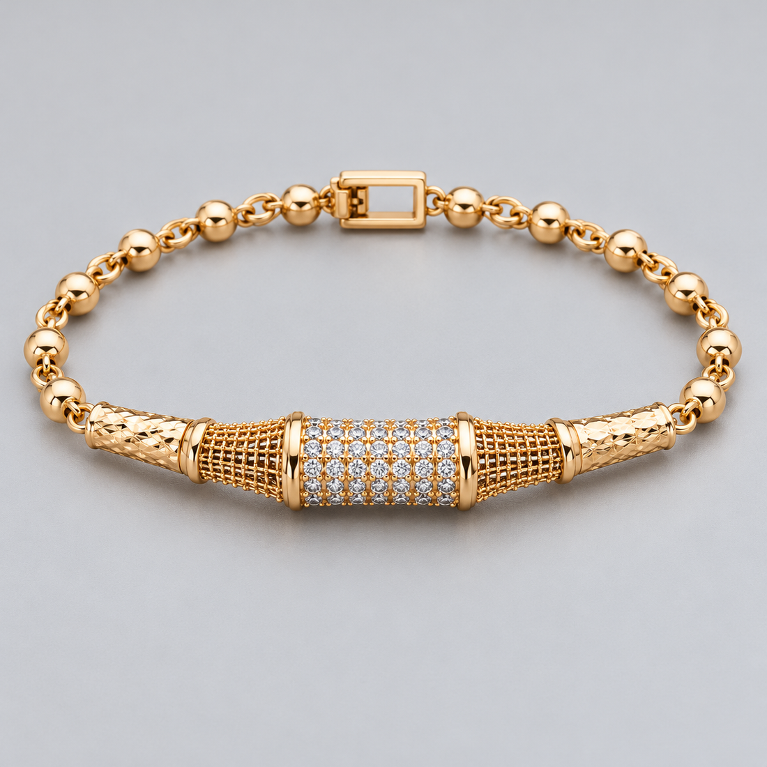 Gold-Tone Clear Stone Barrel Centerpiece Beaded Link Bracelet