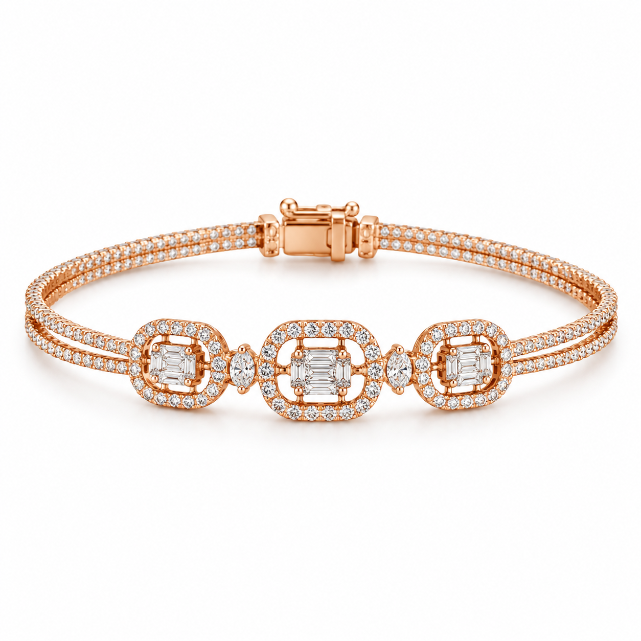 Rose Gold-Tone Triple Square Halo Double Row Bangle Bracelet