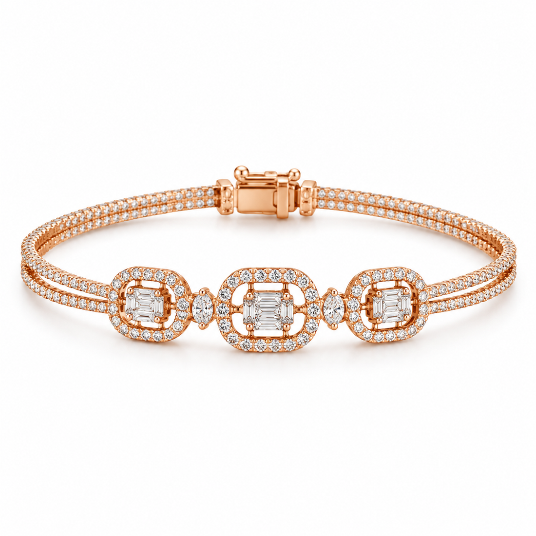 Rose Gold-Tone Triple Square Halo Double Row Bangle Bracelet