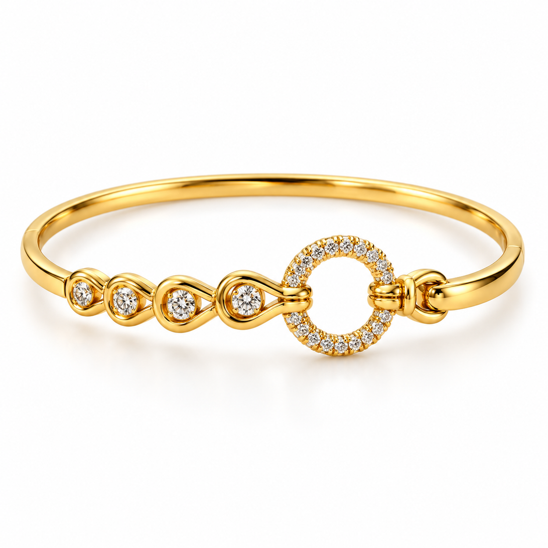 Yellow Gold-Tone Pavé Circle & Teardrop Motif Bangle Bracelet