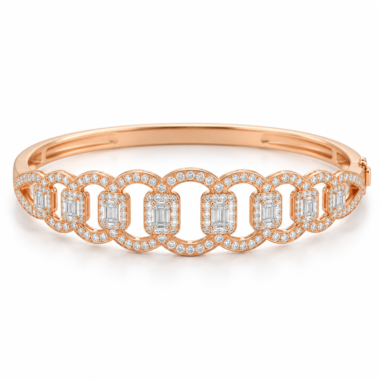 Rose Gold-Tone Emerald-Cut Halo Interlocking Oval Bangle Bracelet