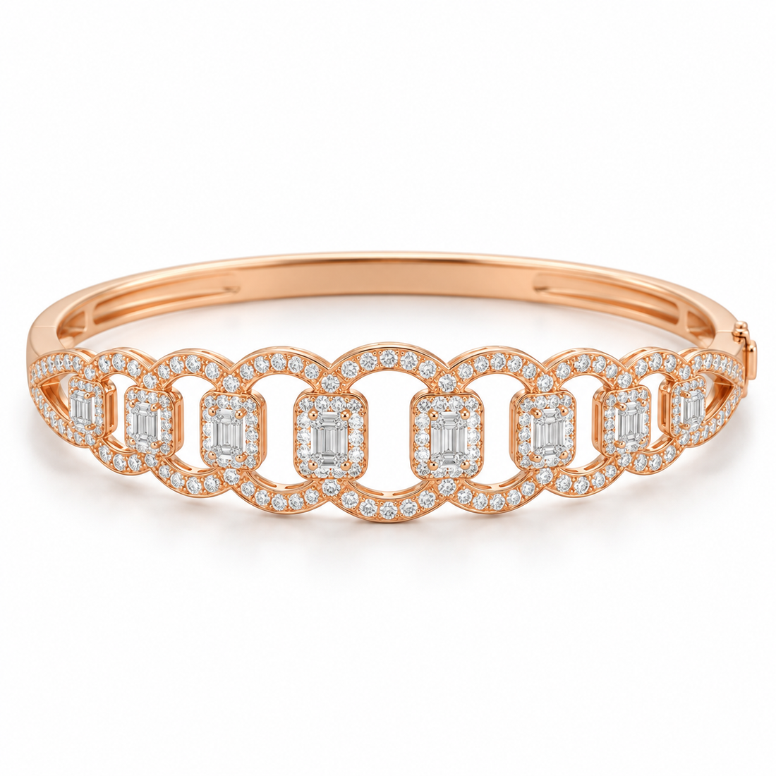 Rose Gold-Tone Emerald-Cut Halo Interlocking Oval Bangle Bracelet