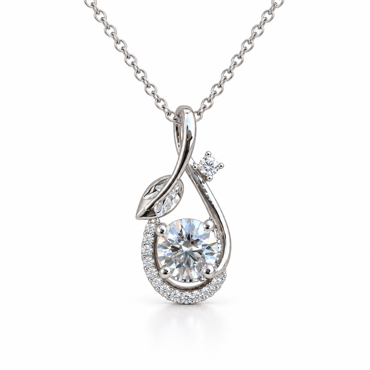 Round Cut Solitaire Leaf Swirl White Gold Pendant Necklace