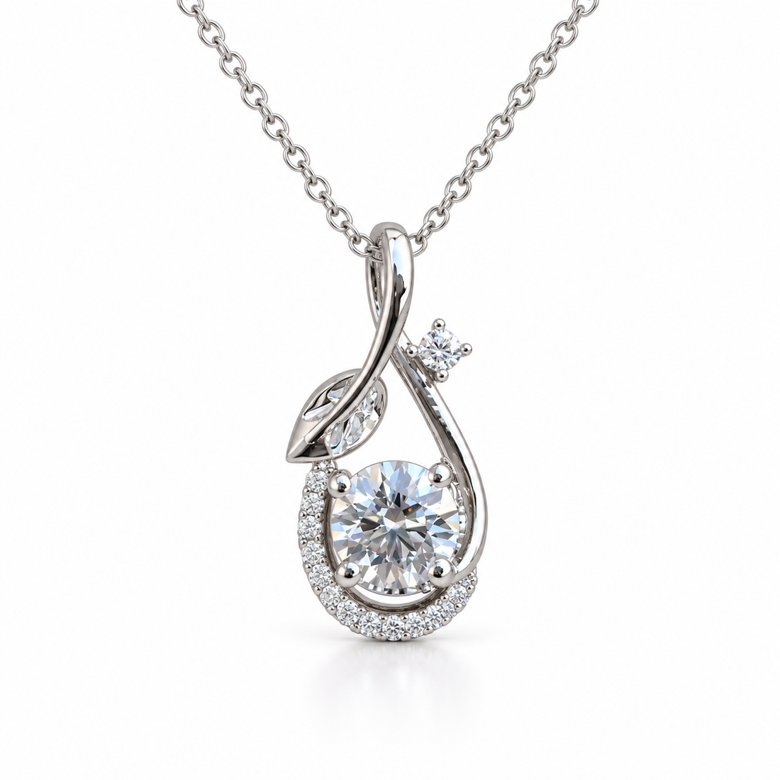 Round Cut Solitaire Leaf Swirl White Gold Pendant Necklace
