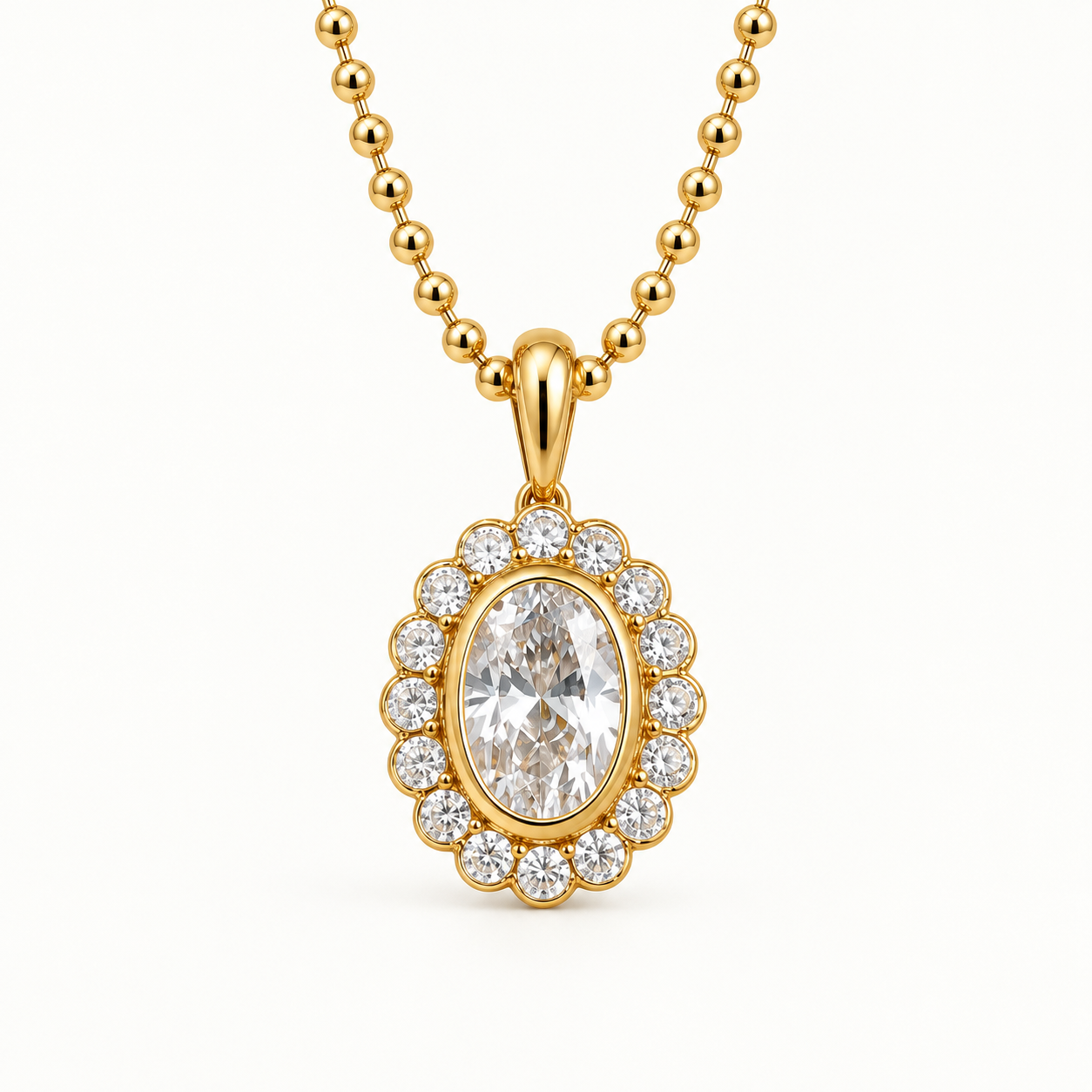 Oval Cut Halo Stone Yellow Gold Pendant Necklace