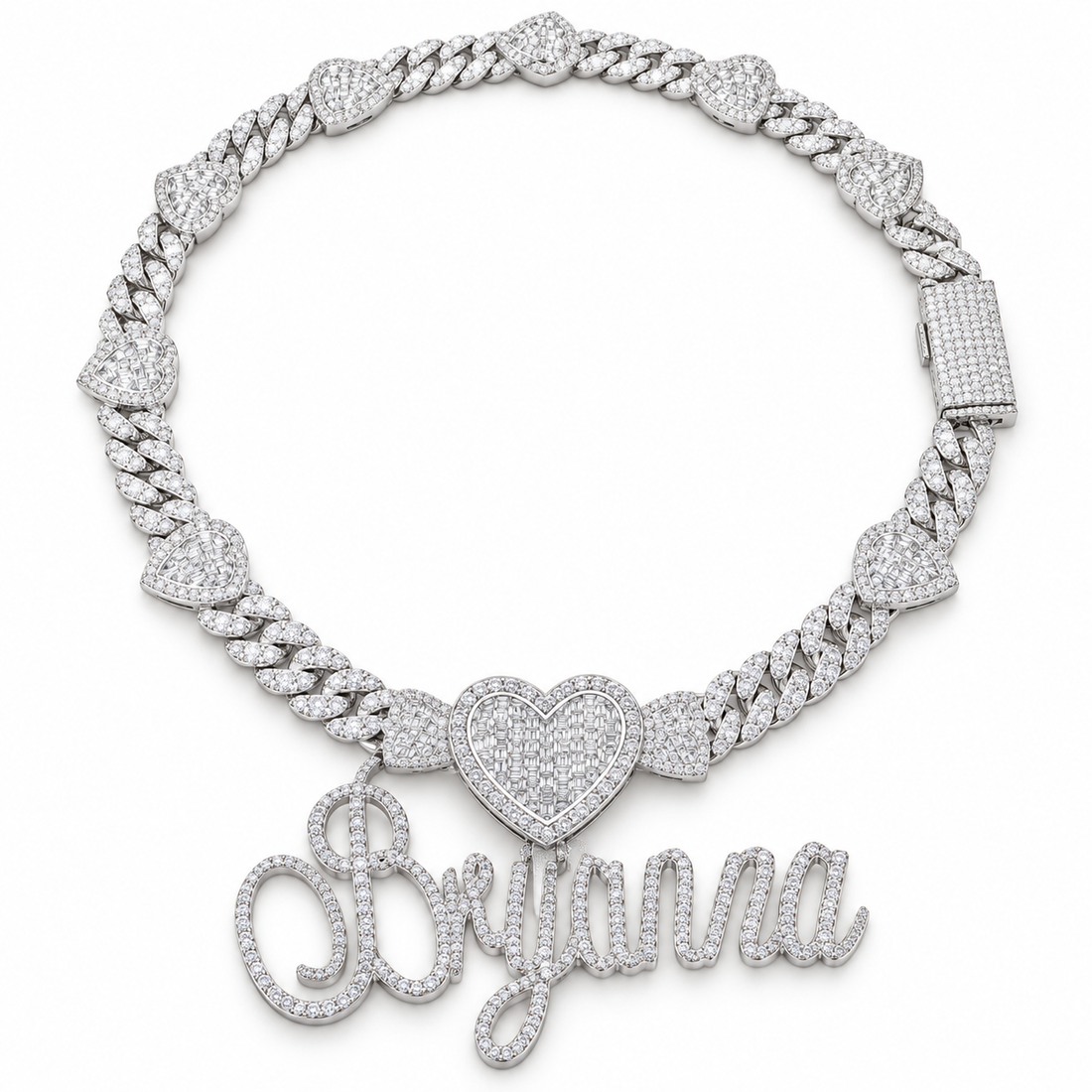 Custom Script Name & Heart Cuban Link Necklace – White Gold-Tone Iced Out Jewelry