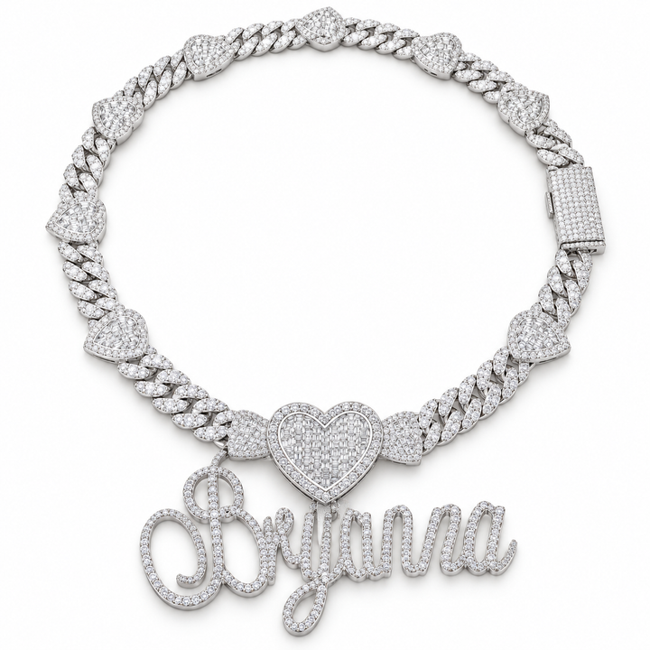 Custom Script Name & Heart Cuban Link Necklace – White Gold-Tone Iced Out Jewelry