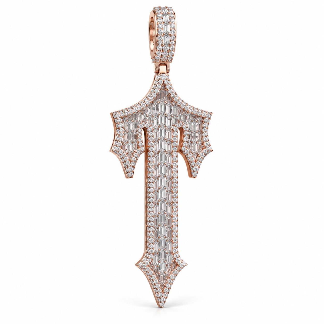 Gothic Letter T Baguette Iced Out Rose Gold-Tone Pendant – Custom Initial Hip Hop Jewelry