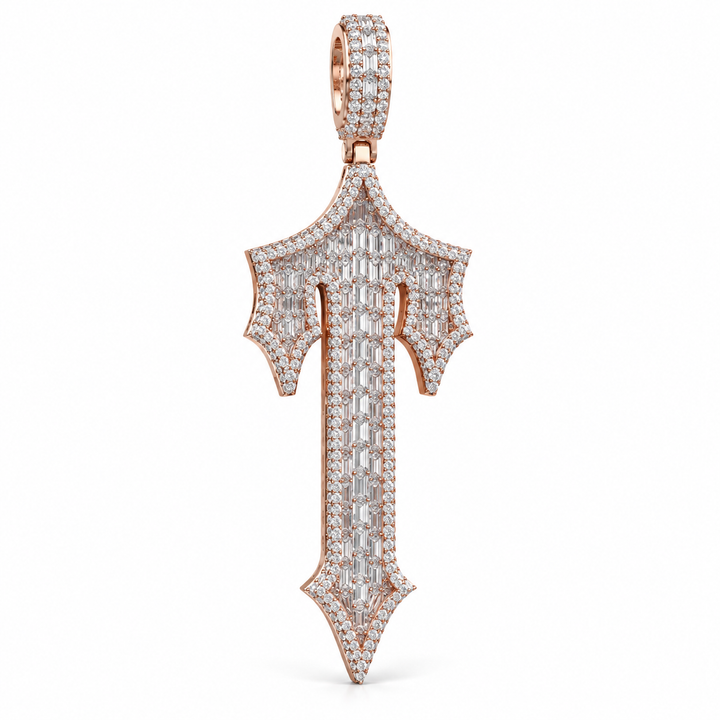 Gothic Letter T Baguette Iced Out Rose Gold-Tone Pendant – Custom Initial Hip Hop Jewelry