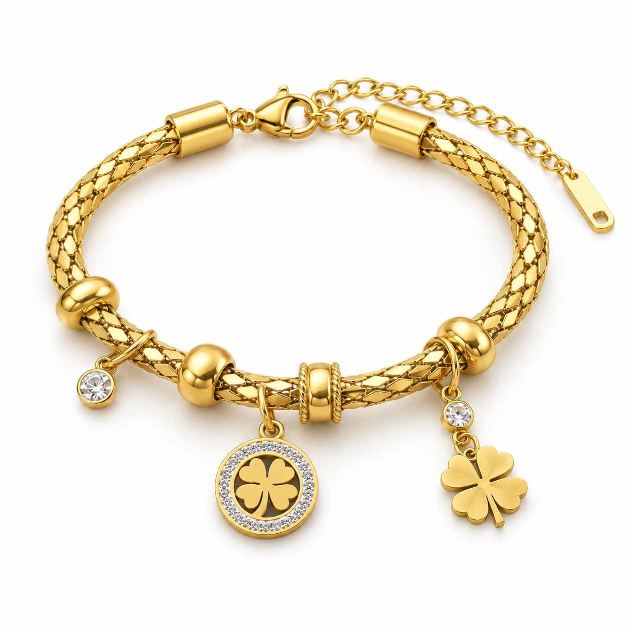Yellow Gold-Tone Four-Leaf Clover Charm Bracelet with Clear Stones