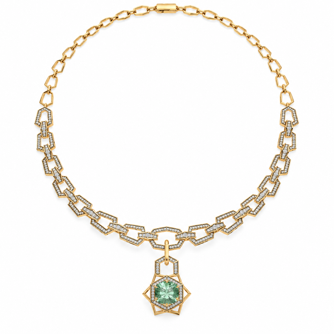 Mint Green Geometric Halo Pendant Necklace in Yellow Gold Tone
