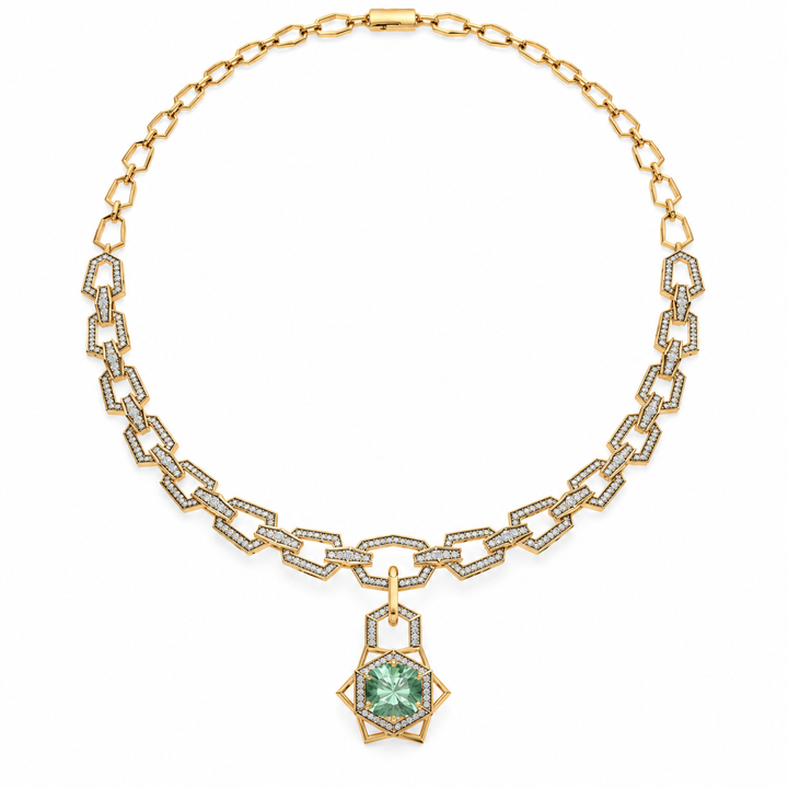 Mint Green Geometric Halo Pendant Necklace in Yellow Gold Tone