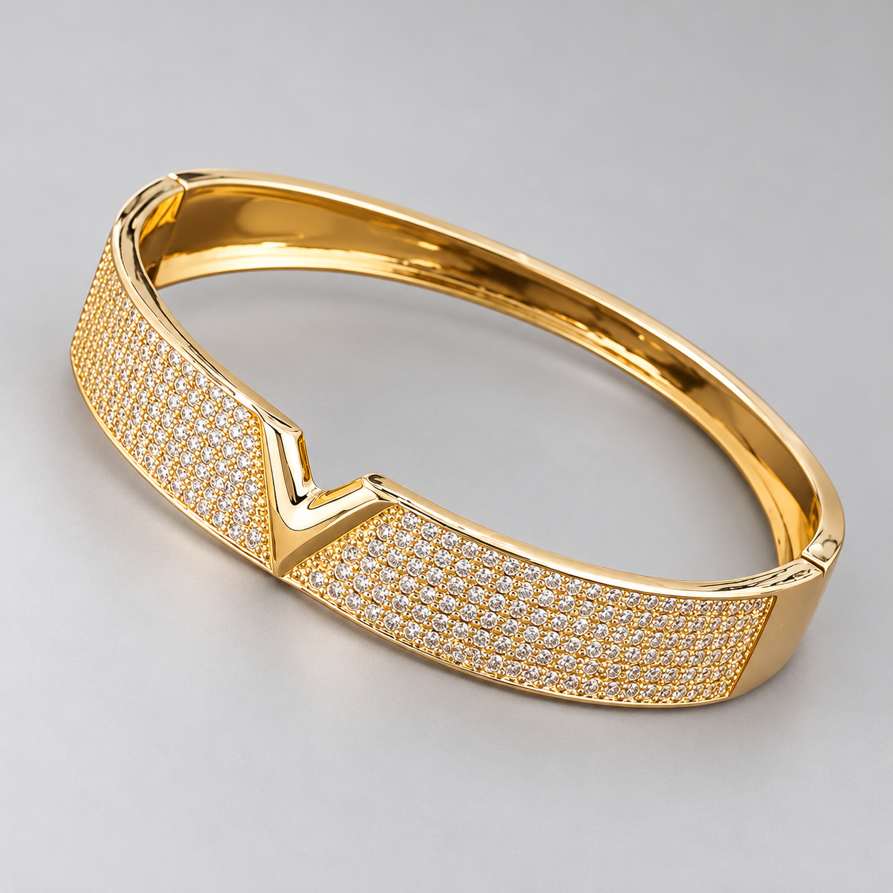 Yellow Gold-Tone V-Motif Pavé Statement Bangle