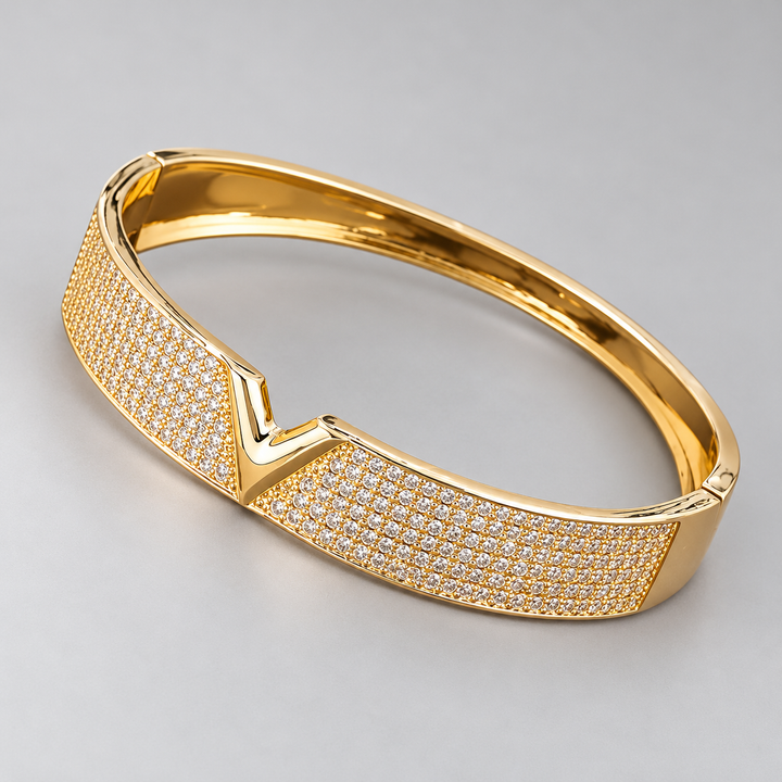Yellow Gold-Tone V-Motif Pavé Statement Bangle