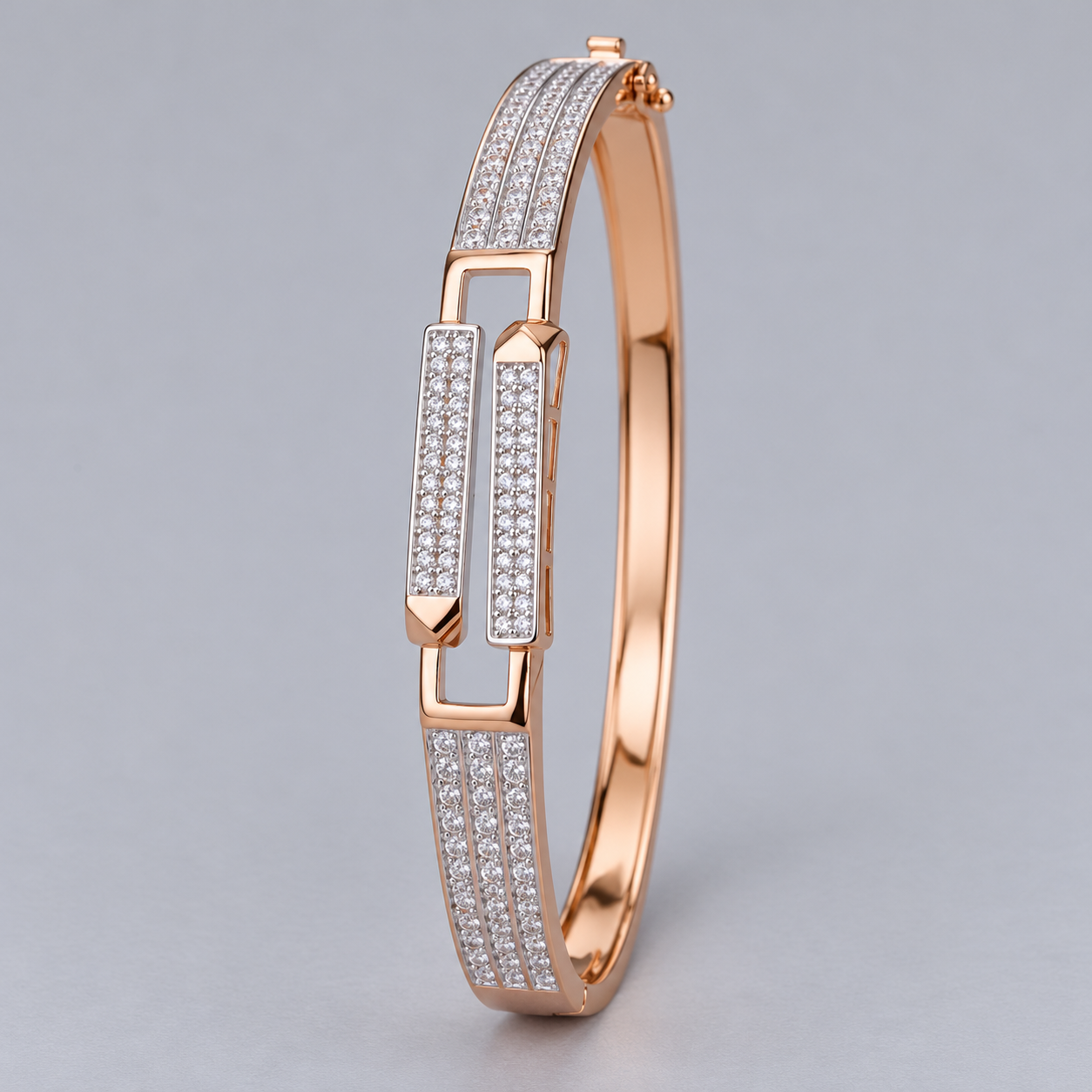Rose Gold-Tone Double Bar Pavé Bangle with Three-Row Shoulders