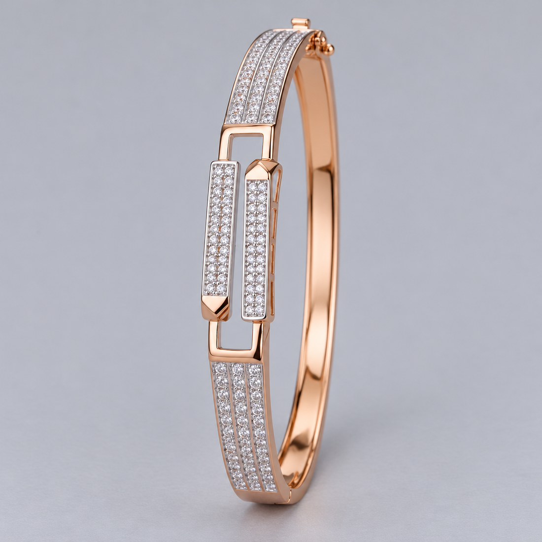 Rose Gold-Tone Double Bar Pavé Bangle with Three-Row Shoulders