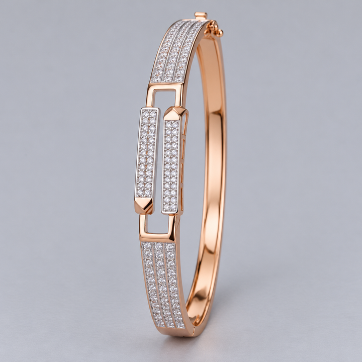 Rose Gold-Tone Double Bar Pavé Bangle with Three-Row Shoulders