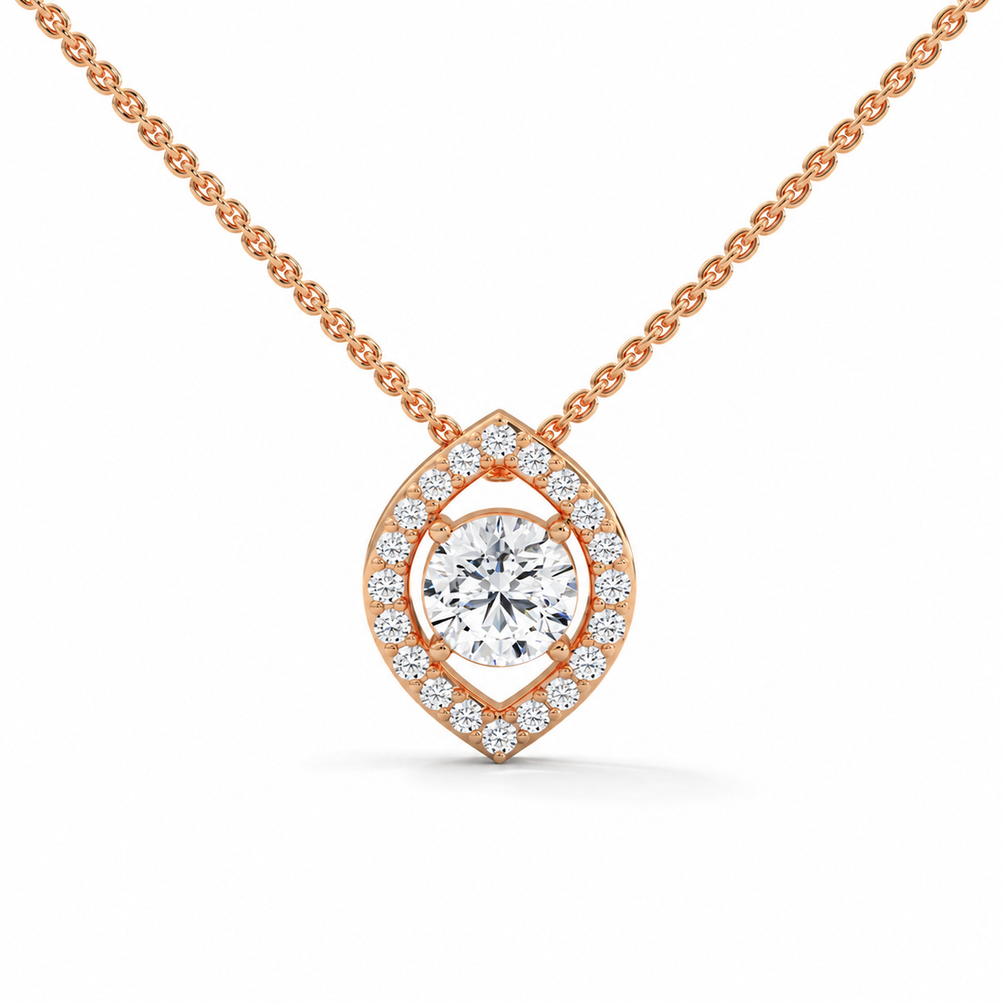 Round Cut Solitaire Marquise Halo Rose Gold Pendant Necklace