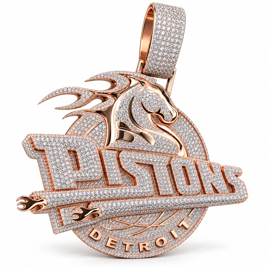 Detroit Pistons Horse Logo Style Iced Out Rose Gold-Tone Pendant – Basketball Hip Hop Jewelry
