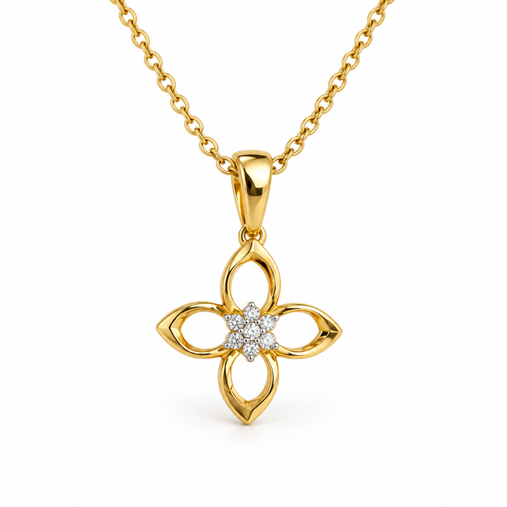 Four Petal Openwork Flower Yellow Gold Pendant Necklace