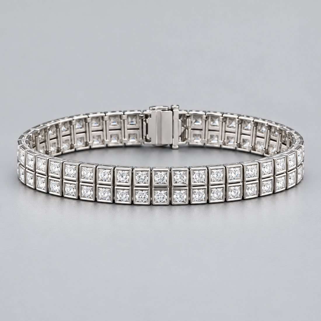 Silver-Tone Double-Row Square Stone Bezel Tennis Bracelet