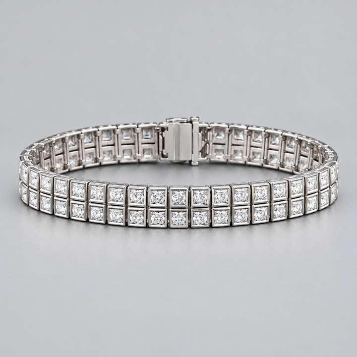 Silver-Tone Double-Row Square Stone Bezel Tennis Bracelet