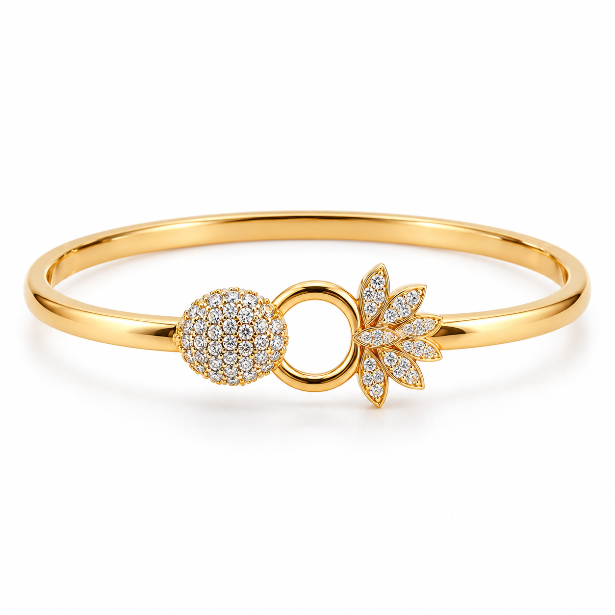 Yellow Gold-Tone Pavé Disc & Leaf Open Circle Bangle Bracelet