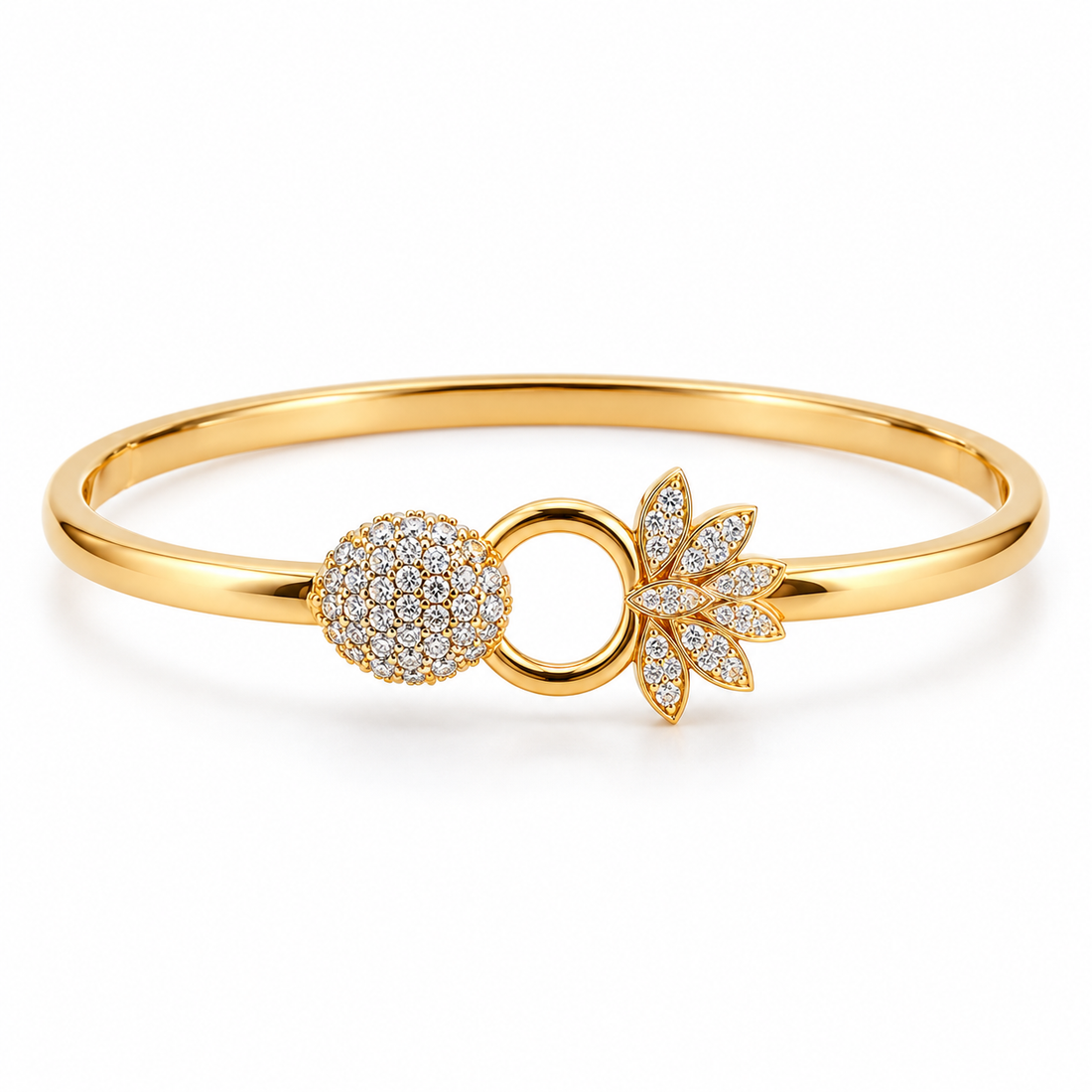 Yellow Gold-Tone Pavé Disc & Leaf Open Circle Bangle Bracelet