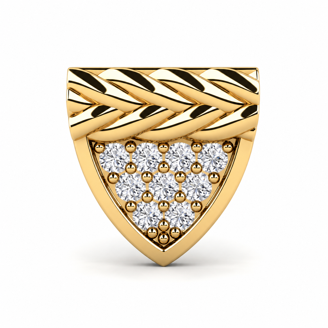 Men’s Shield Yellow Gold-Tone Stud Earring with Braided Detail and Round Stones