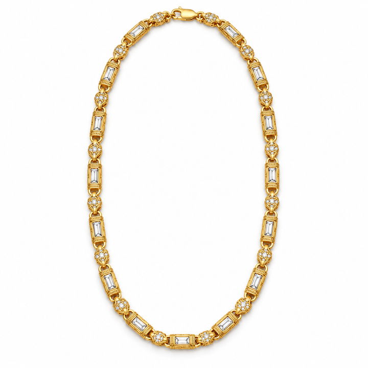 Gold-Tone Baguette-Style Floral Pavé Link Statement Necklace