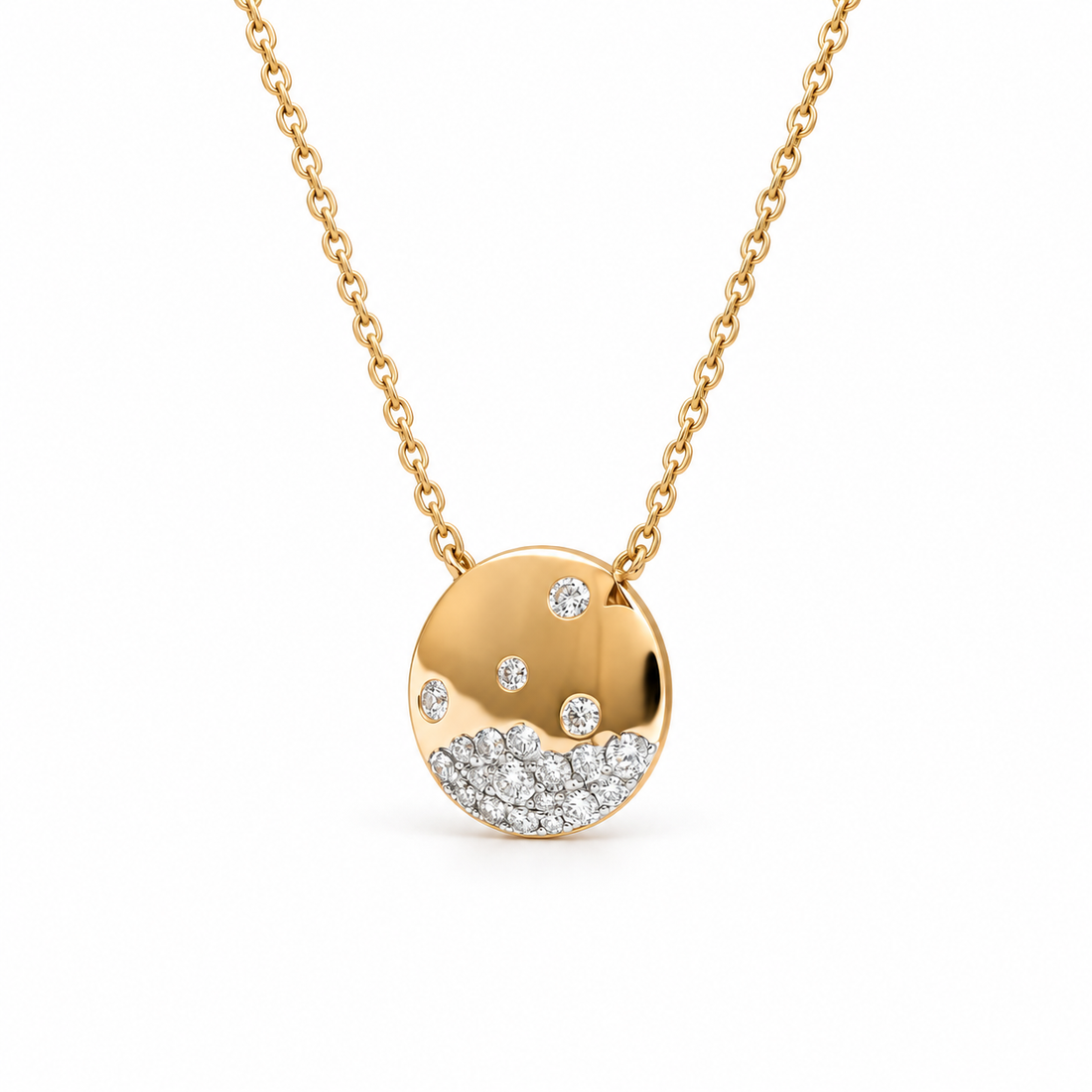 Round Disc Scattered Stone Yellow Gold Pendant Necklace