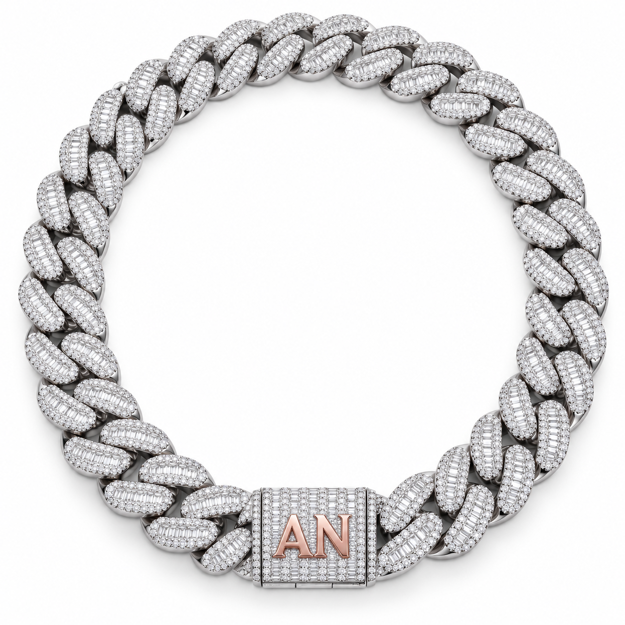 Custom Iced Out Baguette Cuban Link Chain With Initial Clasp