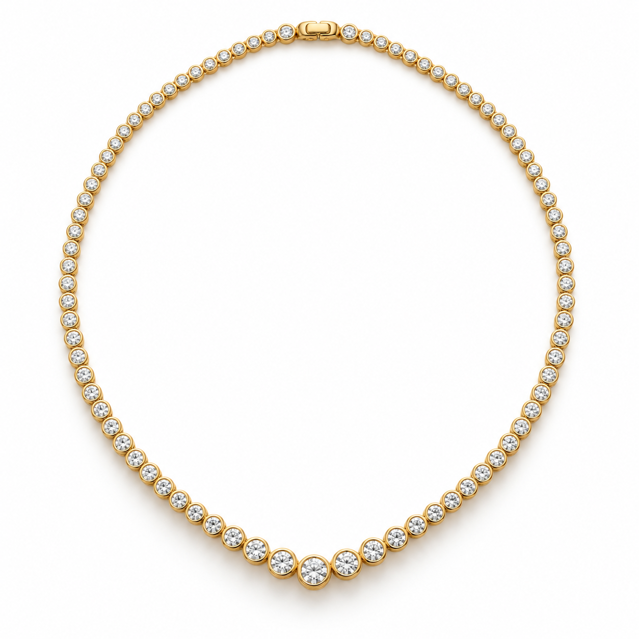 Graduated Round Cut Bezel Set Yellow Gold Tennis Necklace