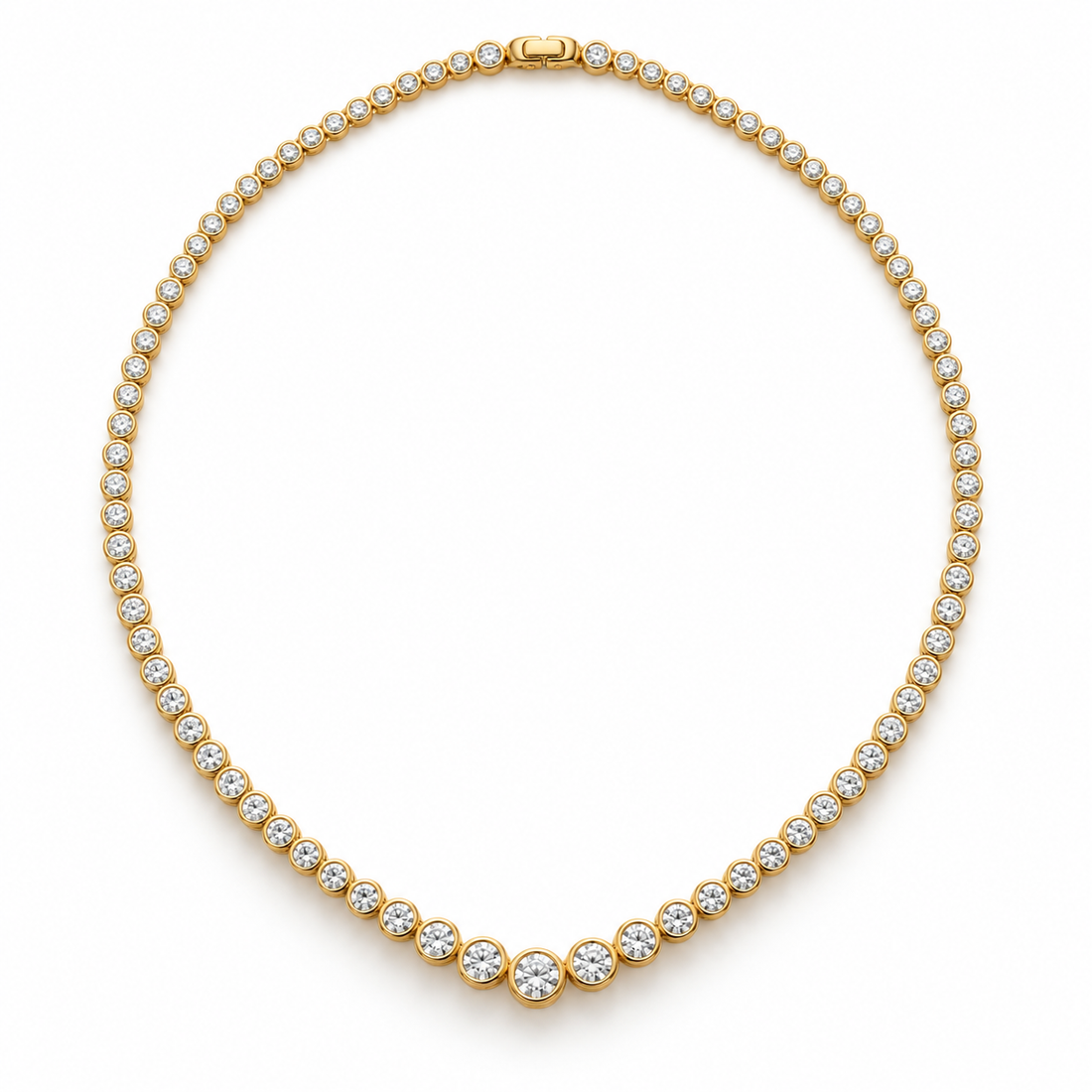Graduated Round Cut Bezel Set Yellow Gold Tennis Necklace