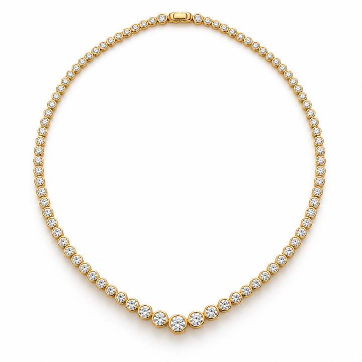 Graduated Round Cut Bezel Set Yellow Gold Tennis Necklace