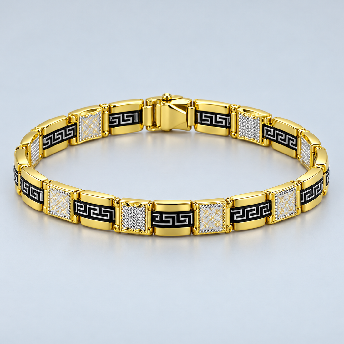 Gold-Tone Black Greek Key and Decorative Square Panel Link Bracelet