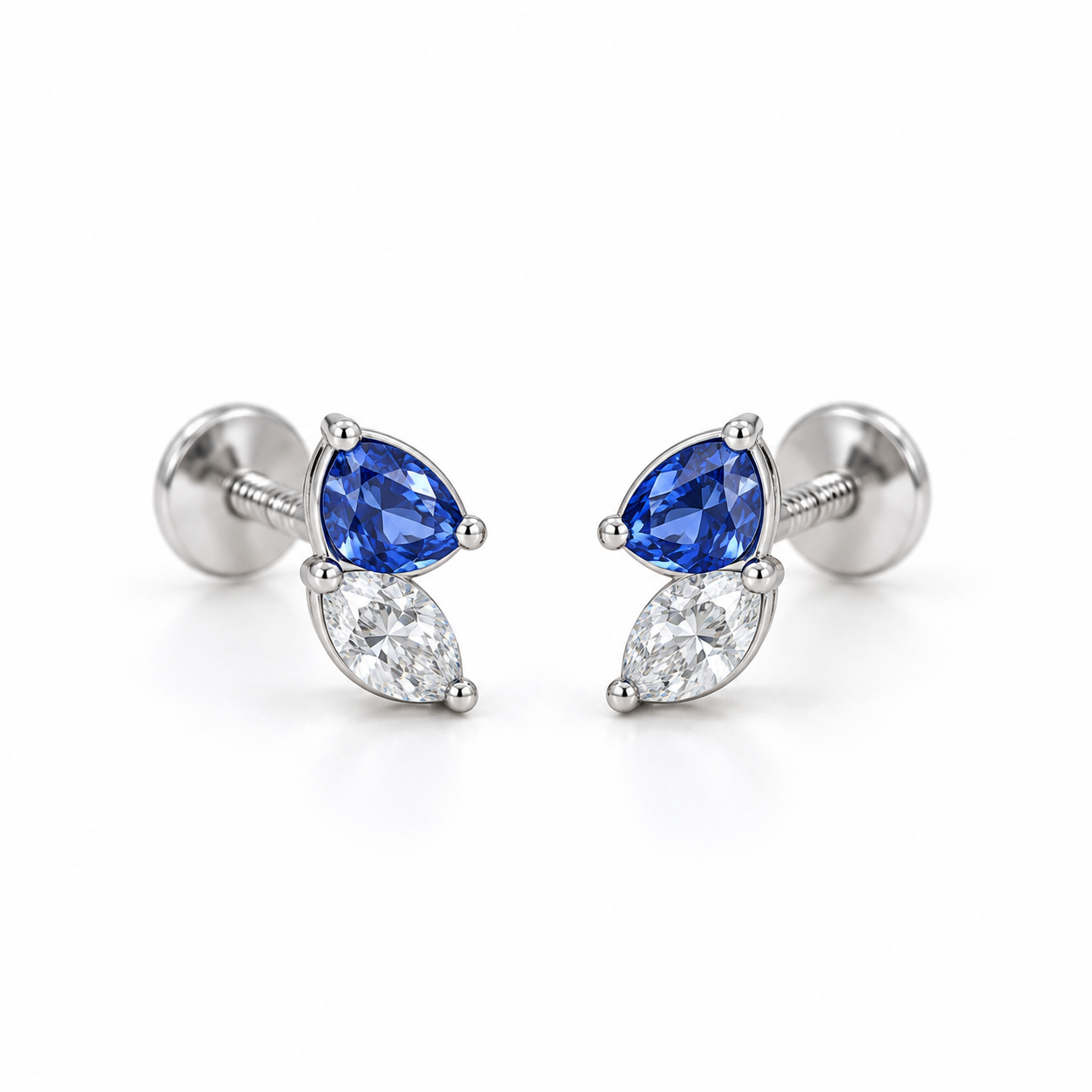 Blue Pear & Clear Marquise Two-Stone Stud Earrings