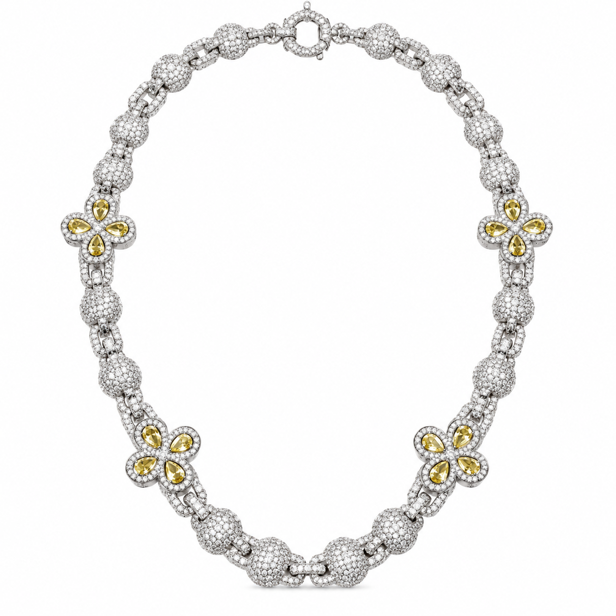 Iced Out Yellow Stone Floral Bead Link Necklace | Custom Hip Hop Jewelry