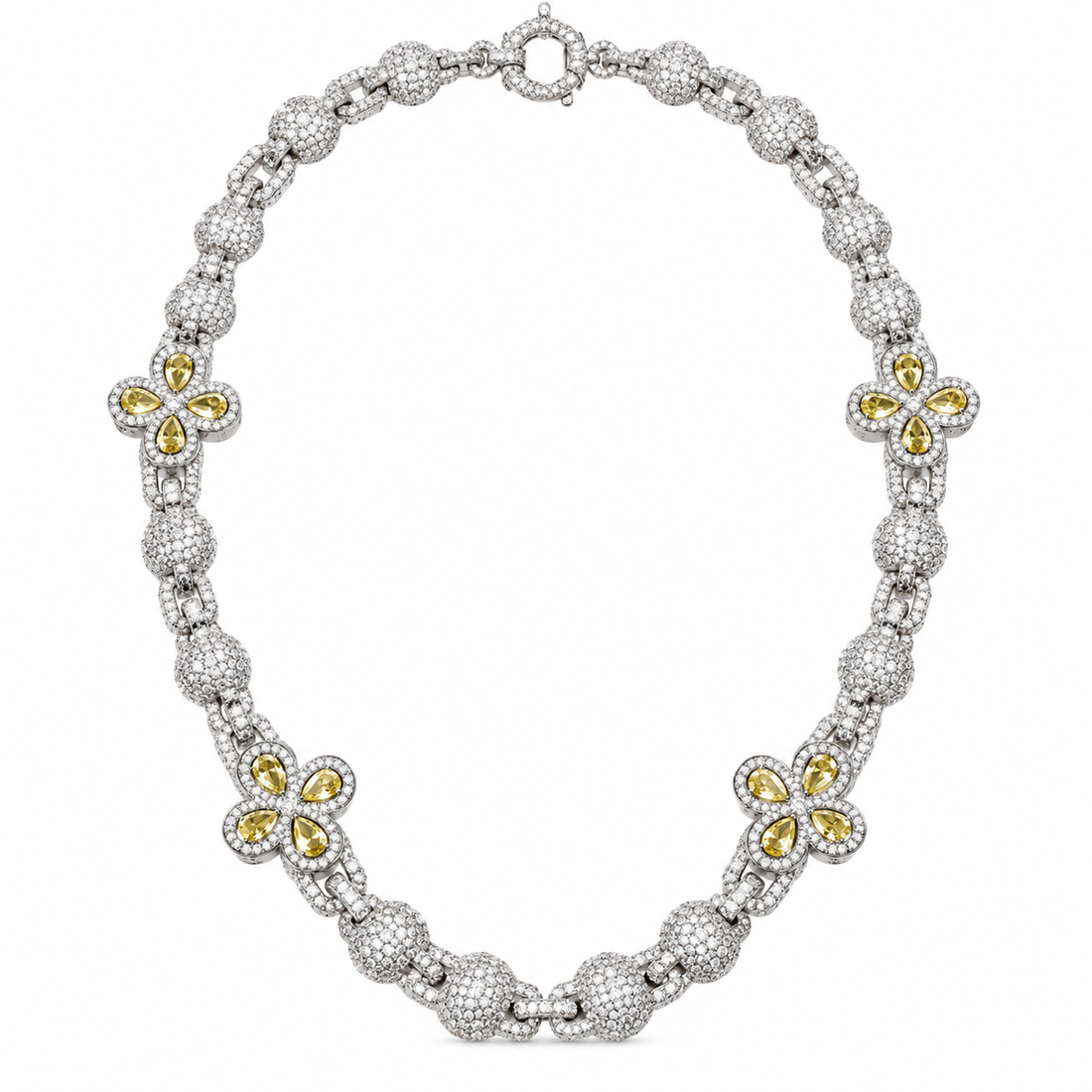 Iced Out Yellow Stone Floral Bead Link Necklace | Custom Hip Hop Jewelry