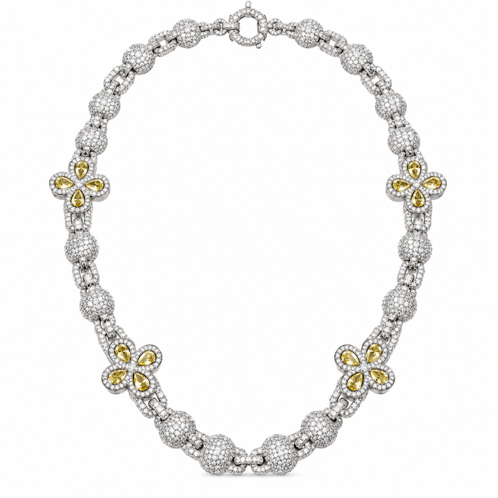 Iced Out Yellow Stone Floral Bead Link Necklace | Custom Hip Hop Jewelry