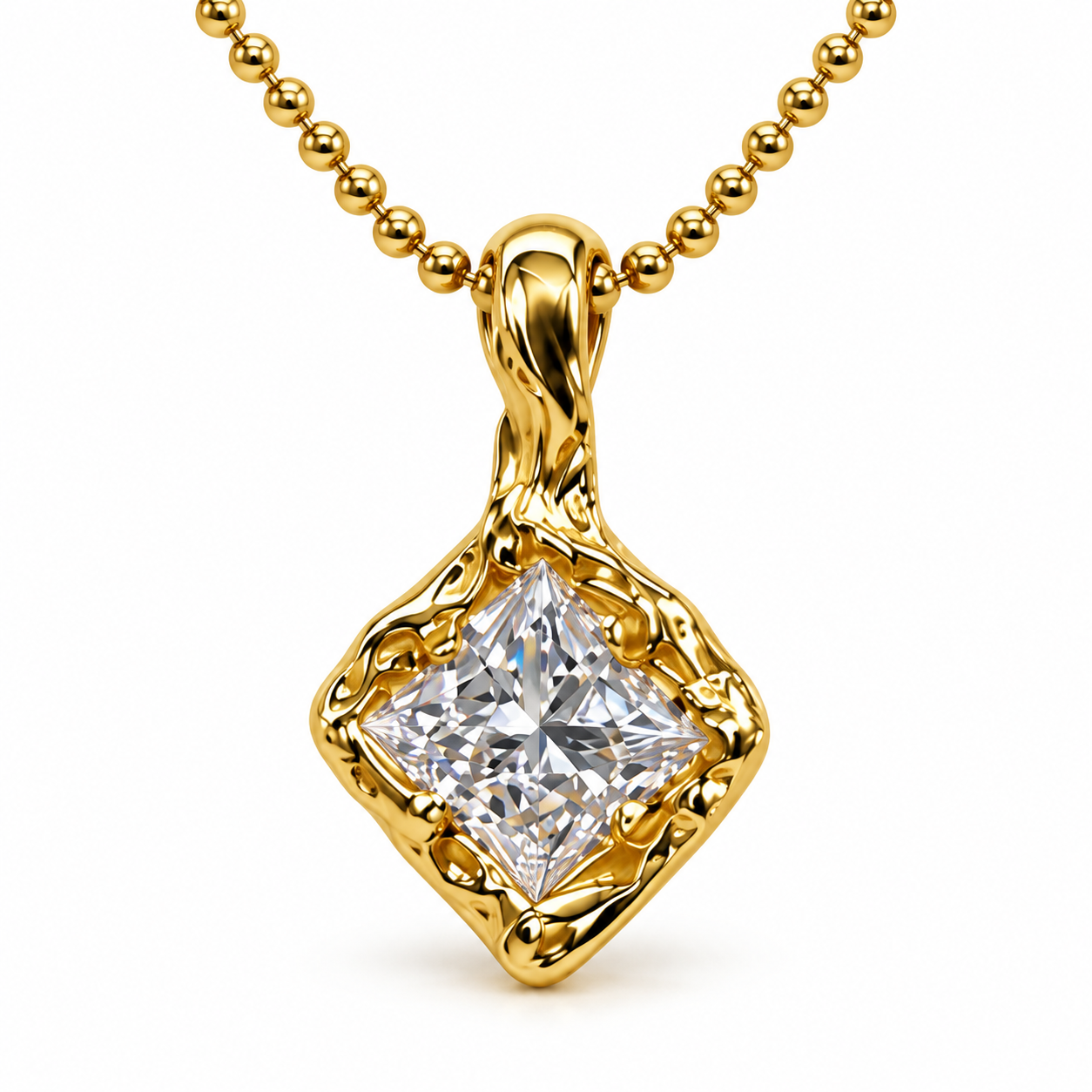 Princess Cut Solitaire Organic Frame Yellow Gold Pendant Necklace