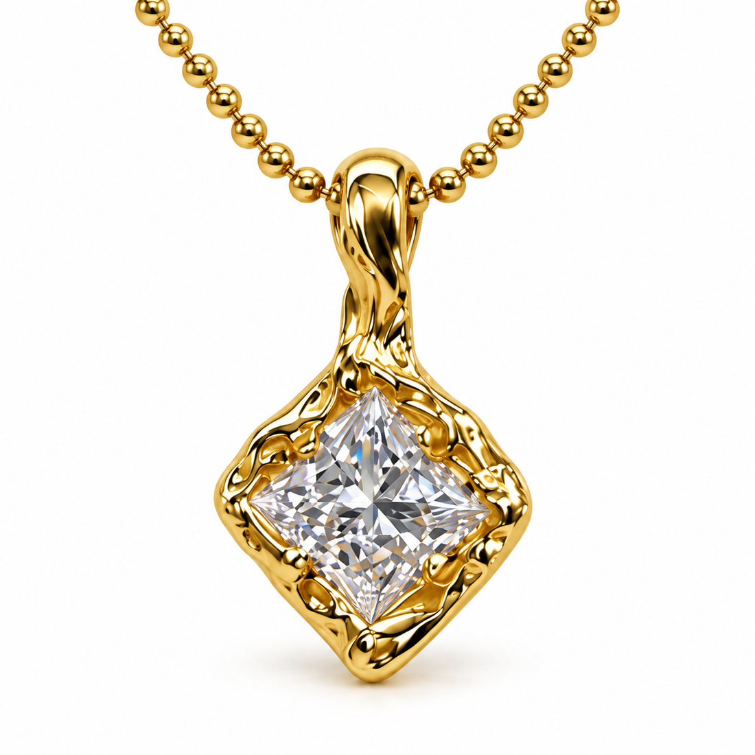 Princess Cut Solitaire Organic Frame Yellow Gold Pendant Necklace