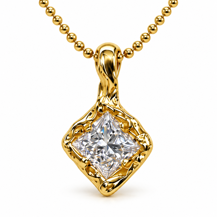 Princess Cut Solitaire Organic Frame Yellow Gold Pendant Necklace